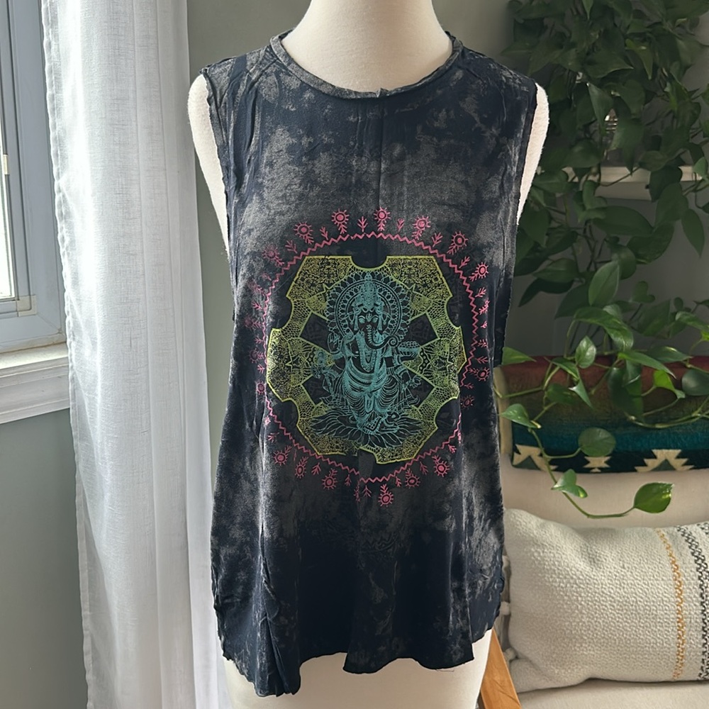 Evolution & Creation • Black Tie Dye Ganesha Mandala Tank Top • Muscle Tank